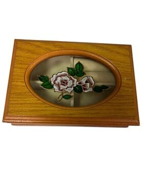 Wood Jewelry Box with Floral Glass Inset - Pink & Green